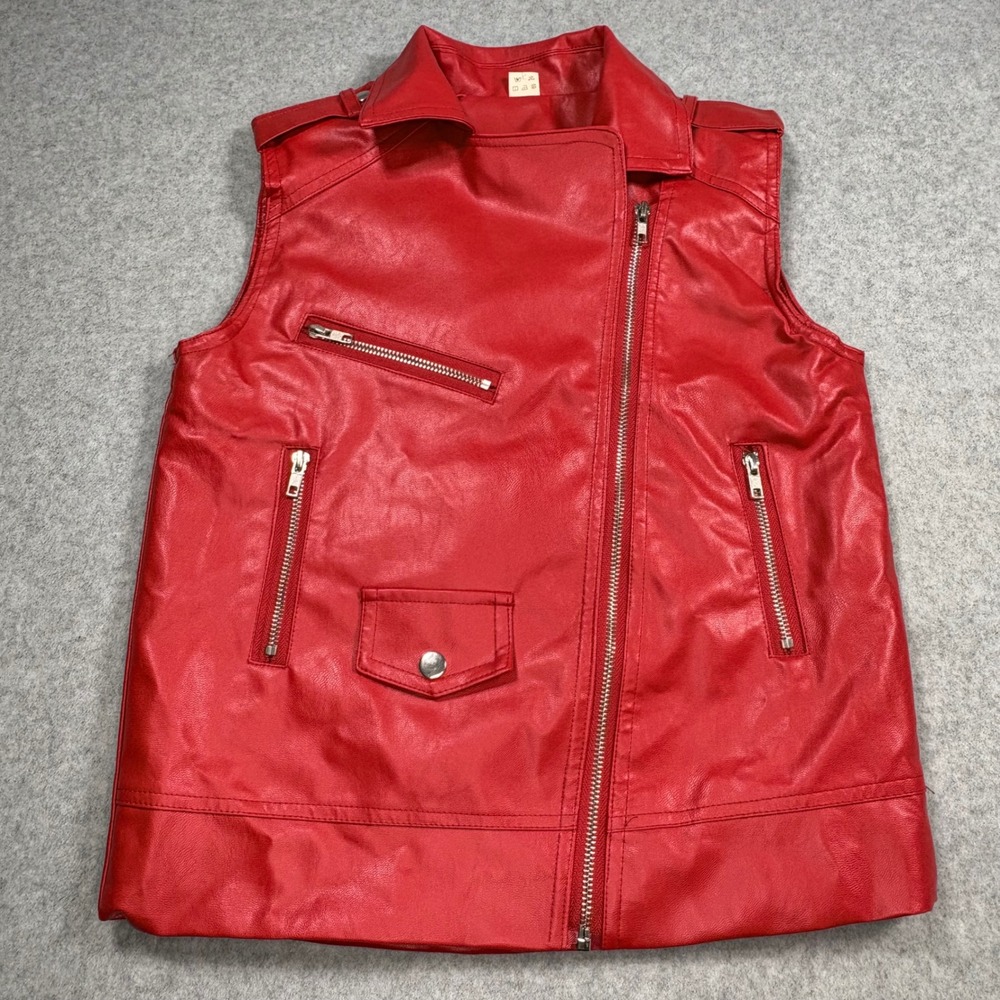 Red Faux Leather Moto Vest Asymmetrical Zip Biker Jacket Sleeveless Red Size 150